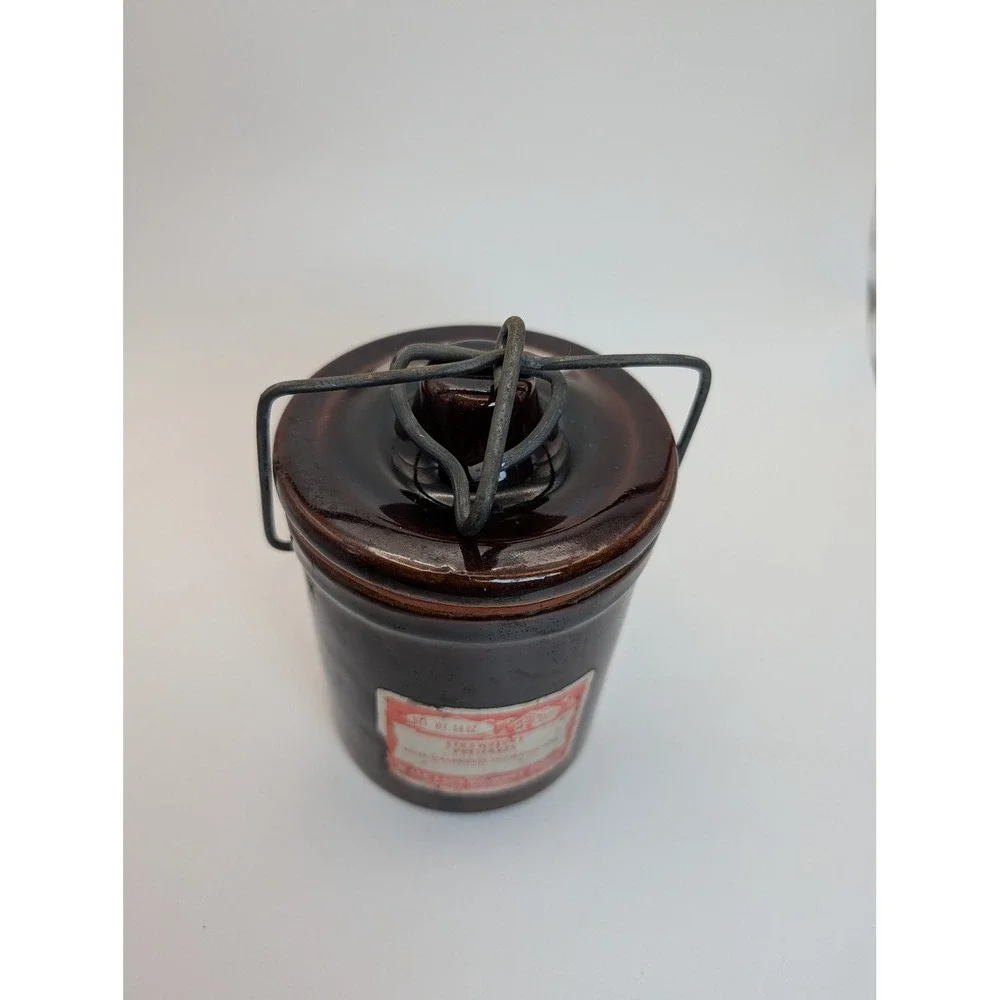 Vintage Mille Lacs Gourmet Foods Brown Stoneware Crock Jar Wire Bail 14oz